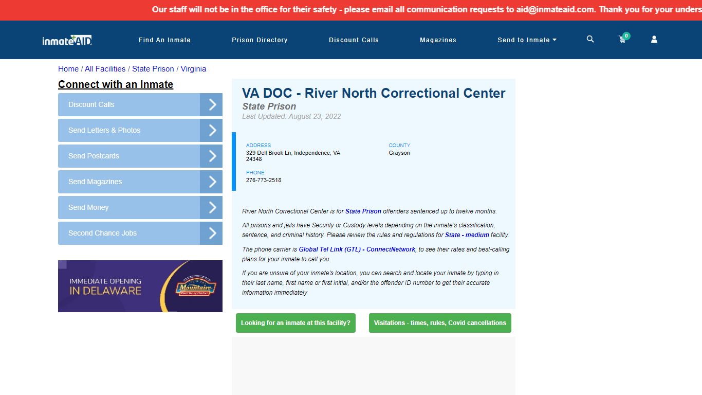 VA DOC - River North Correctional Center - InmateAid